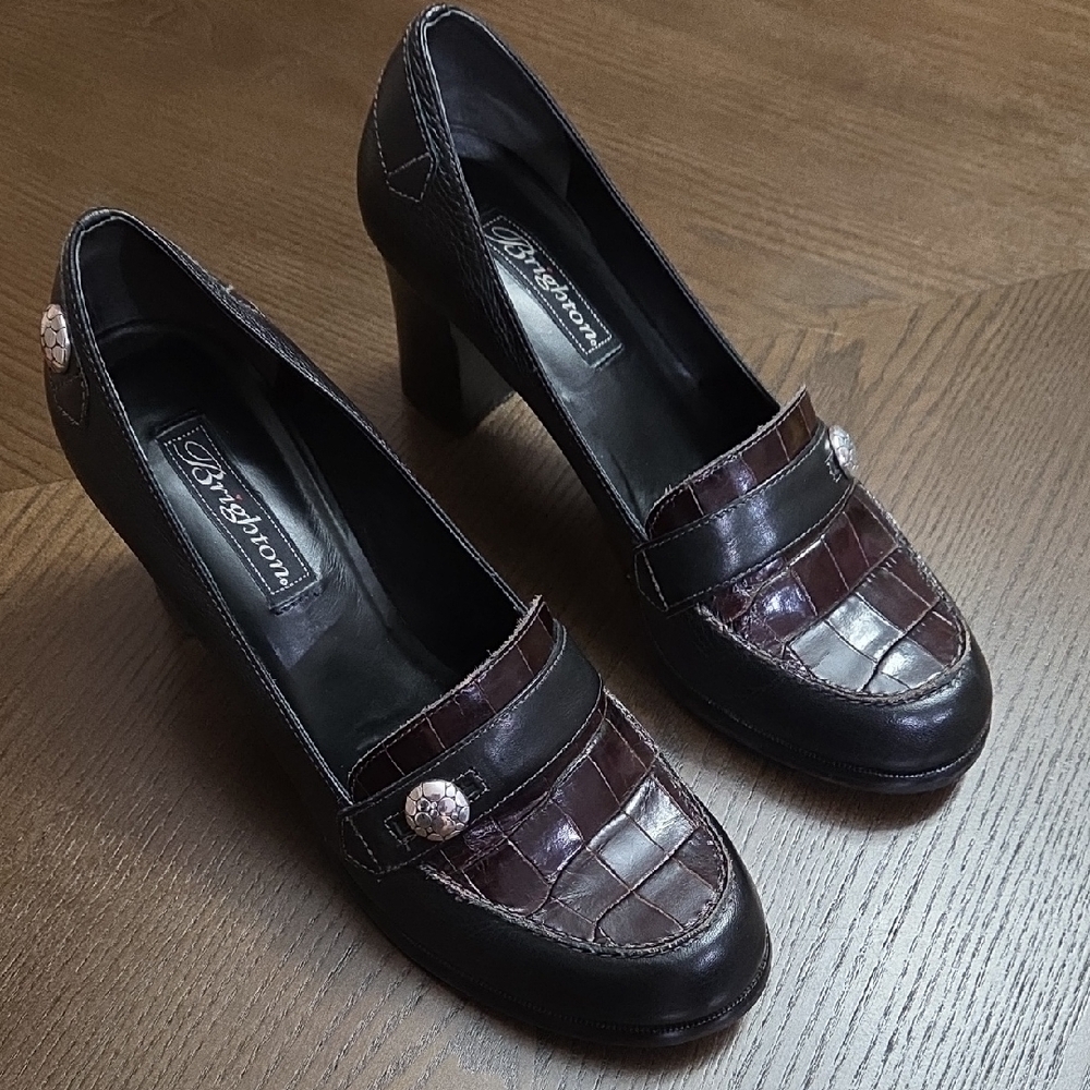 Brighton Black and Brown Croc-Embossed Heels